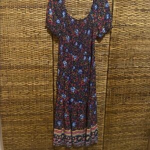 EUC Zesica Smocked Navy DARK RED floral BOho Maxi Dress XL